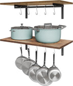 OROPY 2 Pack Wooden 23.6'' Pot Pan Hanging Rack Wall Mounted with 10 S Hooks, Set of 2 Large Pot Wall Holder Kitchen Shelves for Utensils, Cookware