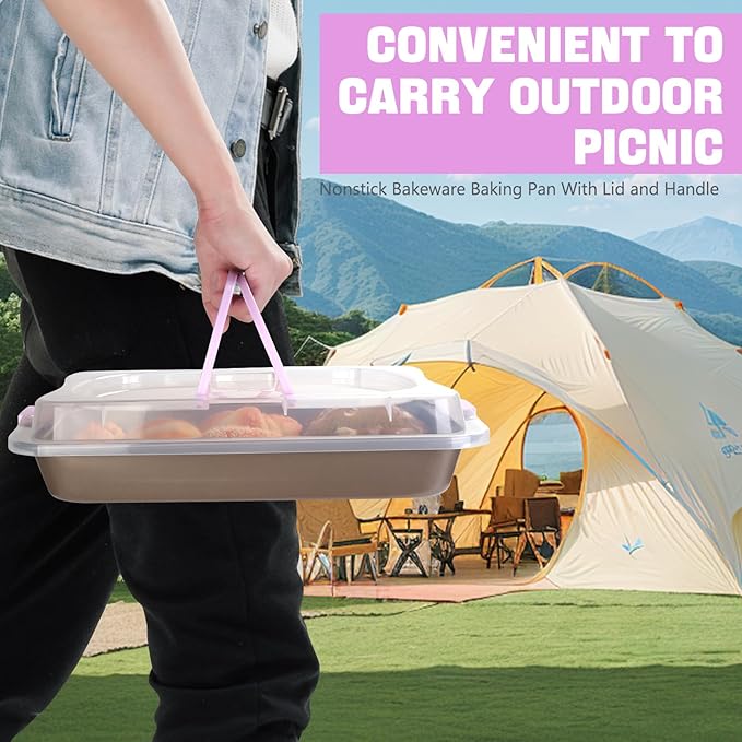 Rectangular Cake Pan with Lid, 9 x 13 Inch Baking Pan With Lid and Handle, Nonstick Bakeware Bake & Roast & Cook Carrier Pan, Champagne