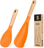 Cooking Spoon and Rice Scooper for Nonstick Cookwares, Great for Cooking and Serving Sturdy BPA-Free Matte Silicone, Wood Handle Spoon for Mixing, Scoop, and Scrape (ORANGE)