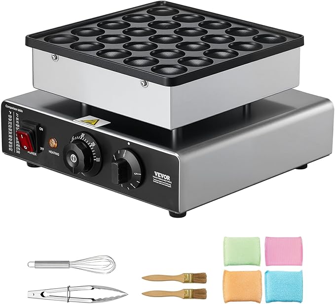 VEVOR Mini Pancake Maker, 25PCS 43mm Diameter Dutch Muffin Waffle Baker, Non-stick Stainless Steel Poffertjes Grill, Commercial Electric Dorayaki Machine, Temp & Time Control, Home Kitchen Restaurant