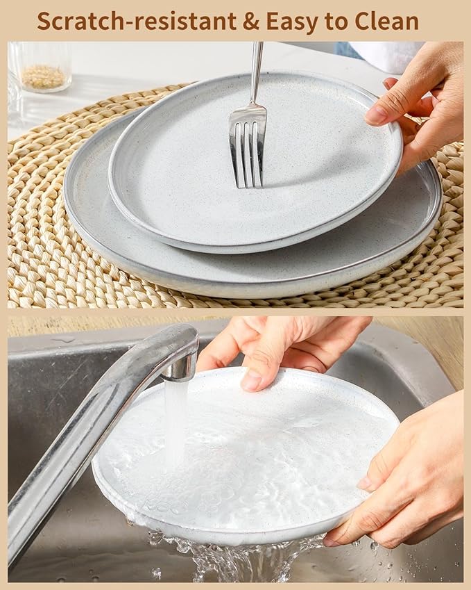 Hasense Plates and Bowls Sets, 18 Pieces Modern Porcelain Dishes Sets Service for 6, Stoneware Dinnerware Sets with Speckled Pattern, Scratch Resistant Microwave and Dishwasher Safe, White