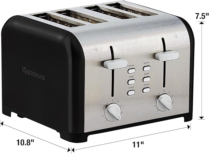 Kenmore toaster 4 slice - extra wide slot countertop kitchen appliance, defrost function, tostador de pan, 9 shade settings, compact design, easy clean crumb tray, bread bagel, stainless steel & black