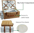 HappyPicnic Wicker Picnic Basket Set for 4 Persons | Large Willow Hamper with Large Insulated Cooler Compartment, Waterproof Blanket and Cutlery Service Kit-Classical Brown