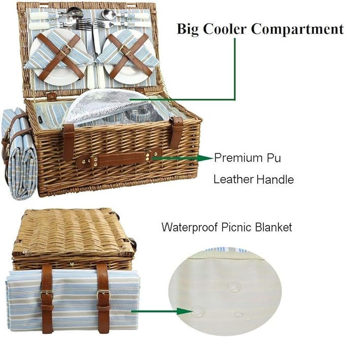 HappyPicnic Wicker Picnic Basket Set for 4 Persons | Large Willow Hamper with Large Insulated Cooler Compartment, Waterproof Blanket and Cutlery Service Kit-Classical Brown