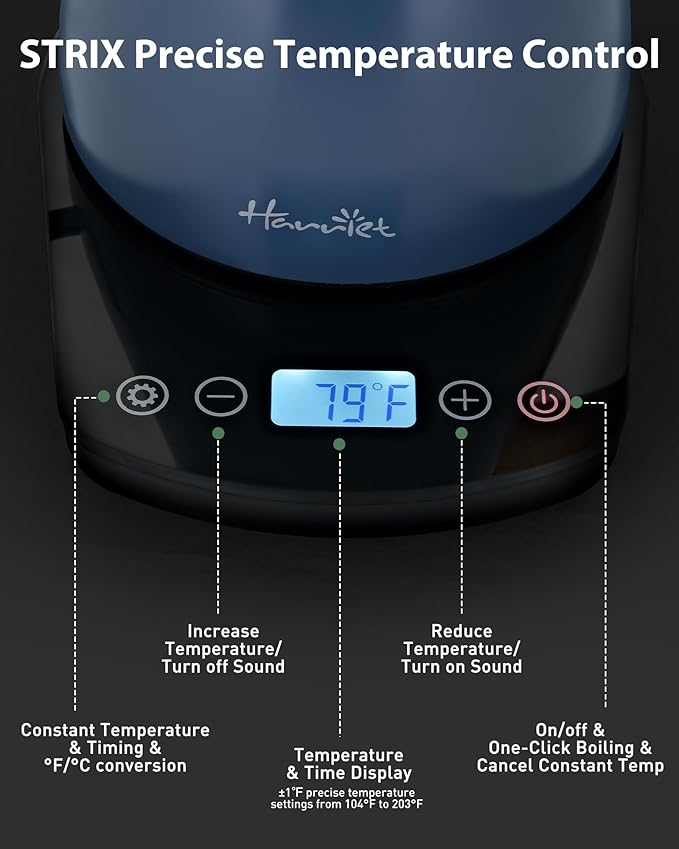 Harriet Gooseneck Electric Kettle - 1200W Fast Heat, 0.8L Stainless Steel, Precision Temp Control & Timer, Wood Handle, Pour Over Coffee and Tea, Blue