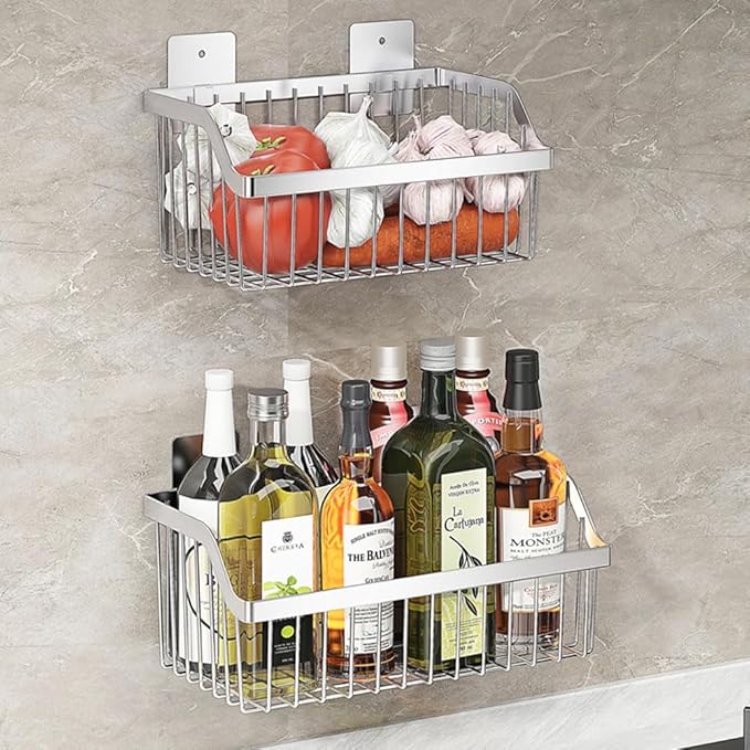 SUS304 Stainless Steel Wire Basket, Hanging Wall Organizer Cabinet Storage Basket, Wall Mounted Shelves for Home Kitchen Bathroom, 2-Pack
