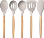 E-far Silicone Cooking Utensils Set, 5-Piece Kitchen Utensils Set with Wooden Handle for Cooking, Silicone Kitchen Nonstick Tools Spatula Turner Slotted Spoons, Nontoxic & Heat Resistant-Khaki
