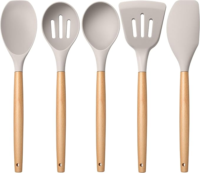 E-far Silicone Cooking Utensils Set, 5-Piece Kitchen Utensils Set with Wooden Handle for Cooking, Silicone Kitchen Nonstick Tools Spatula Turner Slotted Spoons, Nontoxic & Heat Resistant-Khaki