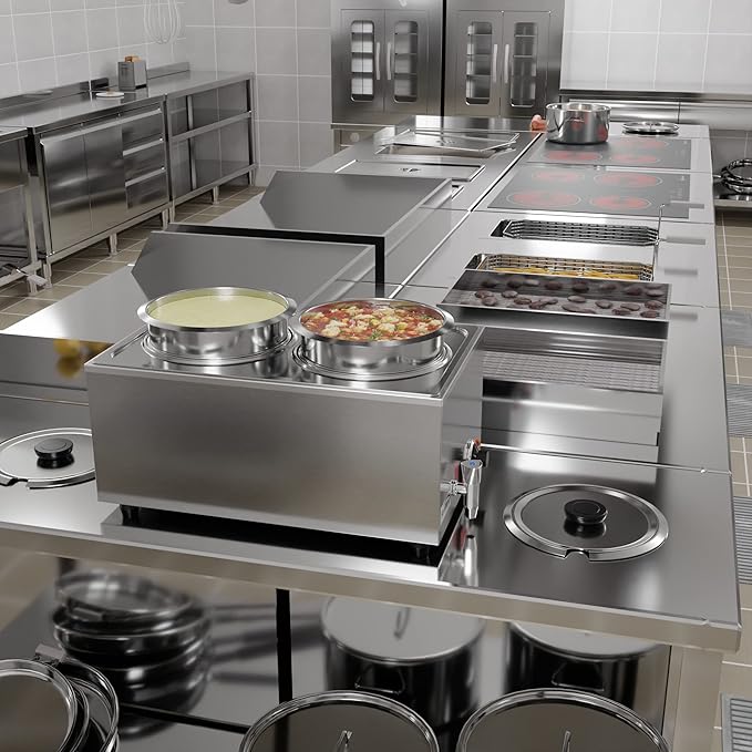 KoolMore Commercial Bain Marie Countertop Food Warmer, Soup Station, and Buffet Table Server with Two Serving Pots and Tap, Stainless-Steel Steamer with Auto Shut Off (CFW-4T), Silver