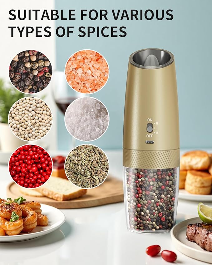 CIRCLE JOY 2-Speed Gravity Electric Pepper Grinder, Rechargeable Salt Grinder Pepper Mills, Adjustable Coarseness, White LED Light, 135ML Large Capacity, Gold