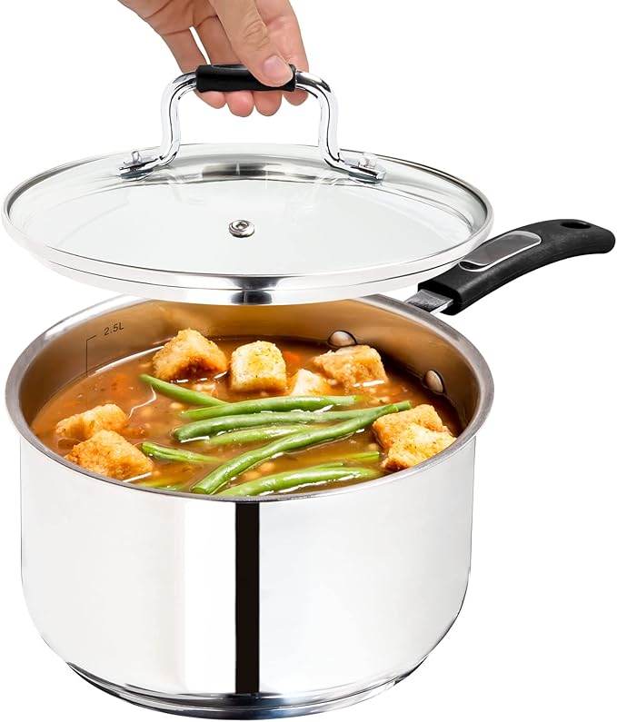 Sauce Pan, Stainless Steel 3 Quart Sauce Pan with Clear Glass Lid and Permanent Measurement Markings, Small Boiling Pot, Induction, Gas Electric Compatible