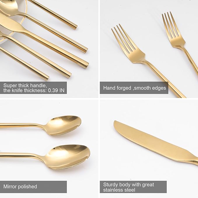 18/0 20-Piece Gold Silverware Set, Flatware Set Stainless Steel, Modern Cutlery Set, Service for 4, Mirror Finish Dishwasher Safe