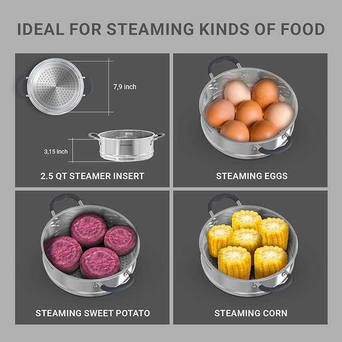 SUNHOUSE 3 Quarts Steamer Pots With Lid 2-Tier Multipurpose Stainless Steel Steaming Pot Cookware For Vegetable, Dumpling, Sauce, Food - Triple Bottom, Measurement Line