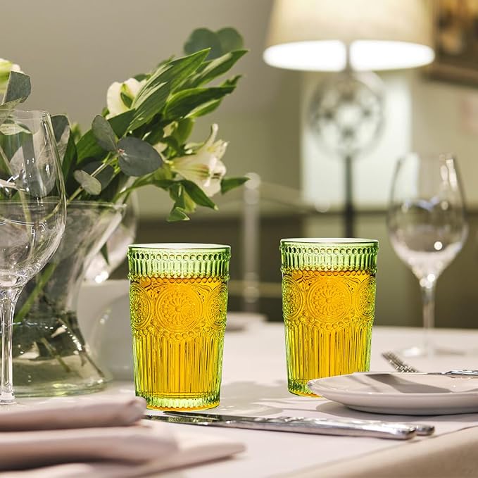 Vintage Textured Green Striped Drinking Glasses Set of 6, 13 oz Ribbed Glassware with Flower Embossed Design, Romantic Cocktail Set, Juice Glass, Iced Coffee Cup, Colored Water Glasses Tumblers