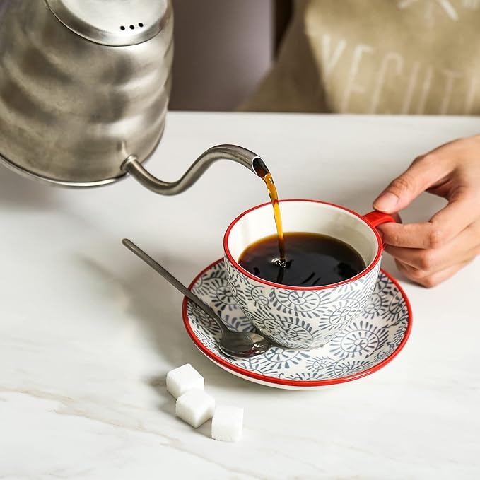 KitchenTour Espresso Cups and Saucers set, 6-pack,7oz - Cappuccino Cups with handle set of 6 - Teacup for Tea Party Bohemia style