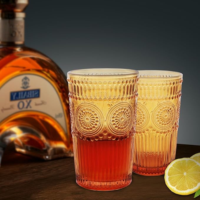 6pcs Vintage Drinking Glasses Set, 12 oz Amber Highball Glasses, Embossed Ribbed Glassware Cups for Thanksgiving Cocktail, Juice, Whiskey