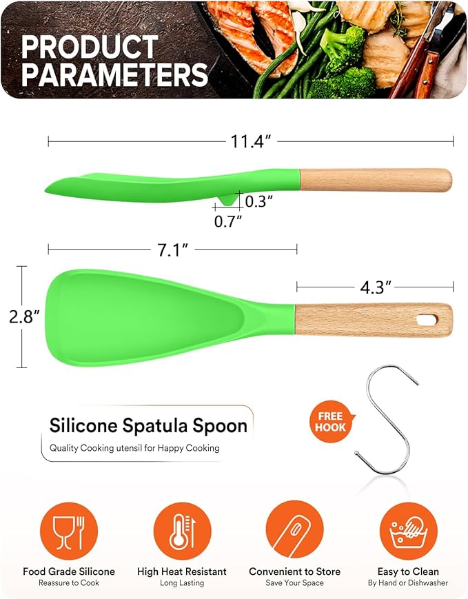 Cooking Spoon for Nonstick Cookwares, Great for Cooking and Serving Sturdy BPA-Free Matte Silicone, Wood Handle Spoon for Mixing, Scoop, and Scrape (Apple Green)