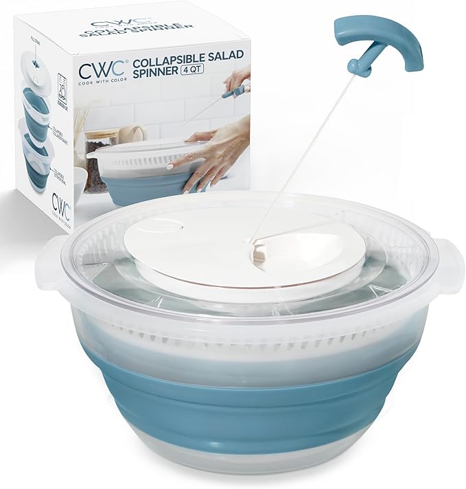 COOK WITH COLOR Collapsible Salad Spinner - 4 QT Space Saving Lettuce Dryer with Folding Collapsible Colander Great for Washing and Drying Fruit and Vegetables (Blue)