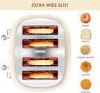 4 Slice Toaster Roter Mond Retro Stainless Steel with Bagel Defrost Cancel Function, 6 Browning Settings, Extre Wide Slot and Removable Crumb Tray, Cream, ST033