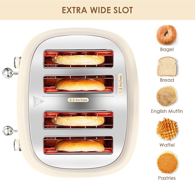 4 Slice Toaster Roter Mond Retro Stainless Steel with Bagel Defrost Cancel Function, 6 Browning Settings, Extre Wide Slot and Removable Crumb Tray, Cream, ST033