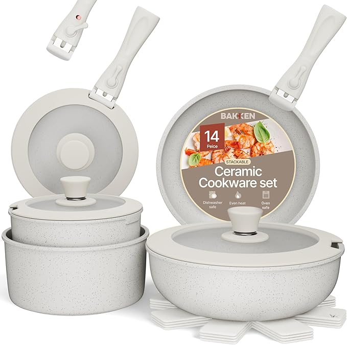 Pots & Pans Set Non Stick Ceramic-Granite – 14-Piece Cookware with Detachable Handles, Stackable Space-Saving, Dishwasher Safe, Stain-resistant, Oven & All-Stove Safe, Tempered Glass Lids, White Cream