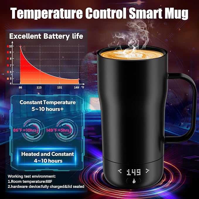 Smart Self Heating Coffee Mug 18 Oz Temperature Control Heated Coffee Mug App Controlled Warmer Mug 5-10 Hour LED Display Keep Coffee Hot All Day Fast Wireless Charger Base Dull Black