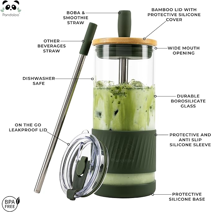 Pandaloo® Glass Cups With Lids and Straws -20 Fl Oz- Perfect Size Iced Coffee Cup - Smoothie Cup With Bamboo Lid and On the go Lid - Glass Tumbler With Straw (1 Count (Pack of 1), Mediterranean Olive)