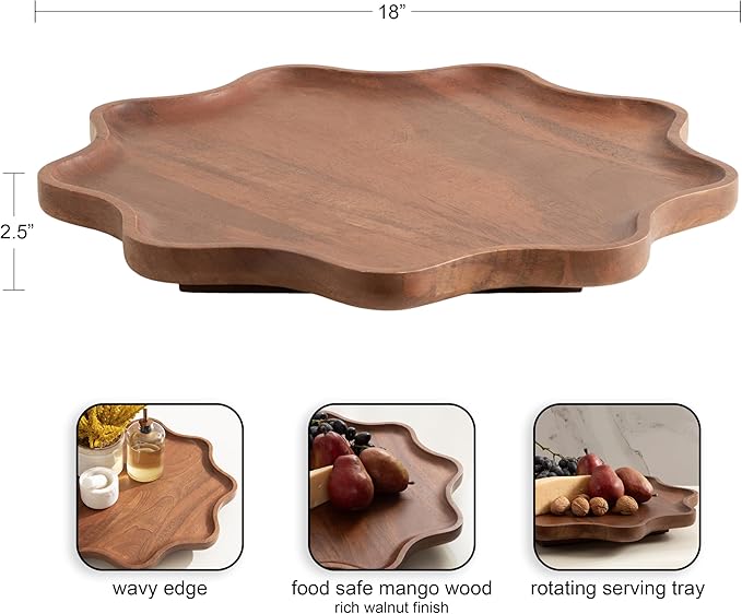 Kate and Laurel Alezar Mango Wood Wavy Round Lazy Susan Tray, 18 Inch Diameter, Walnut Brown, Scalloped Wooden Countertop Organizer with Turning Lazy Susan for Kitchen Storage or Ottoman Tray