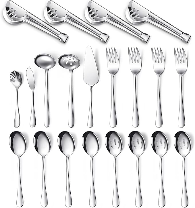 Patelai Serving Utensils Set Include Stainless Steel Large Spoons Slotted Spoons Forks Tongs Soup Ladle and Pie Server for Parties Buffet Catering, Dishwasher Safe(Silver,21 Pieces)