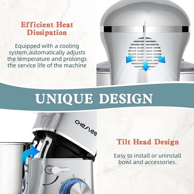 CHeflee Stand Mixer,660W 6+P With 6.5QT Stainless Steel Bowl,Dough Hook, Wire Whip & Beater,for Most Home Cooks,Silver