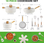 NutriChef 14-Piece pots and pans Set Ceramic Cookware Set - Induction Safe Pots and Pans with Glass Lids, Cool-Touch Handles, Dishwasher Safe, Includes Ladle, Tongs, Spatula, White