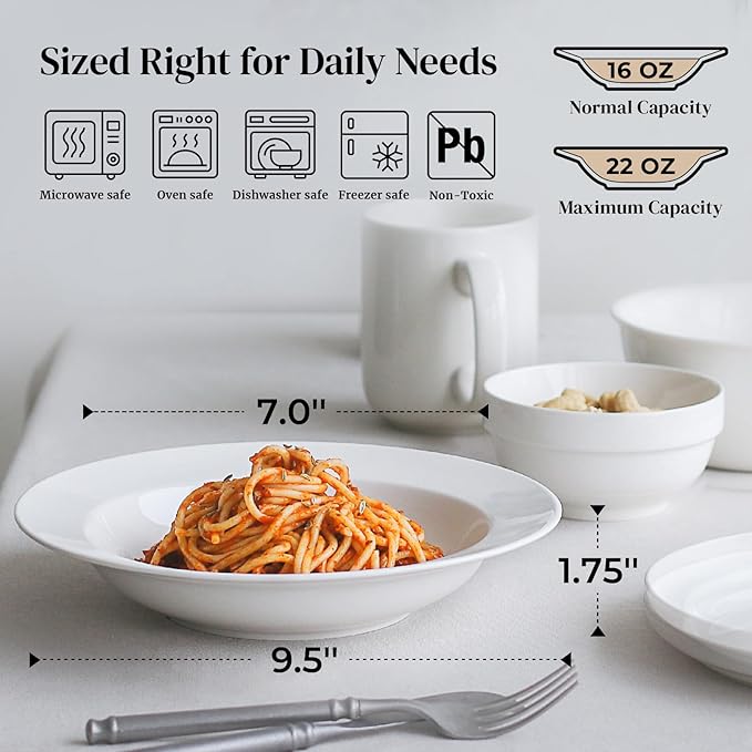 DOWAN Soup and Pasta Bowls Set of 4, White Porcelain Wide Rim Salad Plates, 20 Ounces, Microwave & Dishwasher Safe