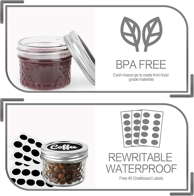 VERONES Mason Jars 4 OZ, Canning Jars With Regular Lids, Ideal for Jam, Honey, Wedding Favors, Shower Favors, DIY Spice Jars, 40 PACK