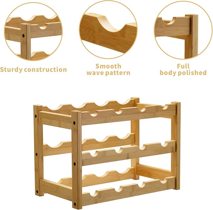 VASMIA Bamboo Wine Rack, Sturdy and Durable Wine Storage Cabinet Shelf, Wine Racks Countertop for Pantry,Kitchen,3-Tier 12 Bottles Wine Rack Natural