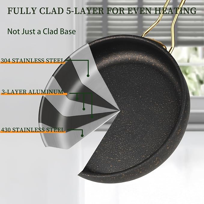 Fully Clad 5-Ply Stainless Steel Cookware Set, 12Pcs Nonstick Pots and Pans Set with Stay-Cool Handles, Induction Compatible, Stackble Design, Includes with Frying Pan, Saucepans and Saute Pan (Black)