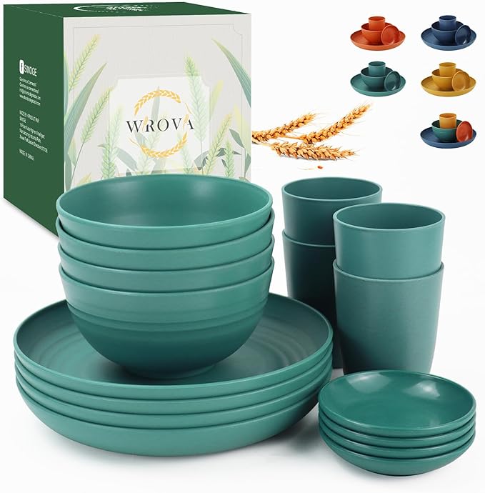 Wheat straw plates and bowls set of 16 - Unbreakable wheat straw dinnerware sets for kids - Alternative plastic dinnerware set service for 4 - Microwave safe and Dishwasher safe bowls. Green