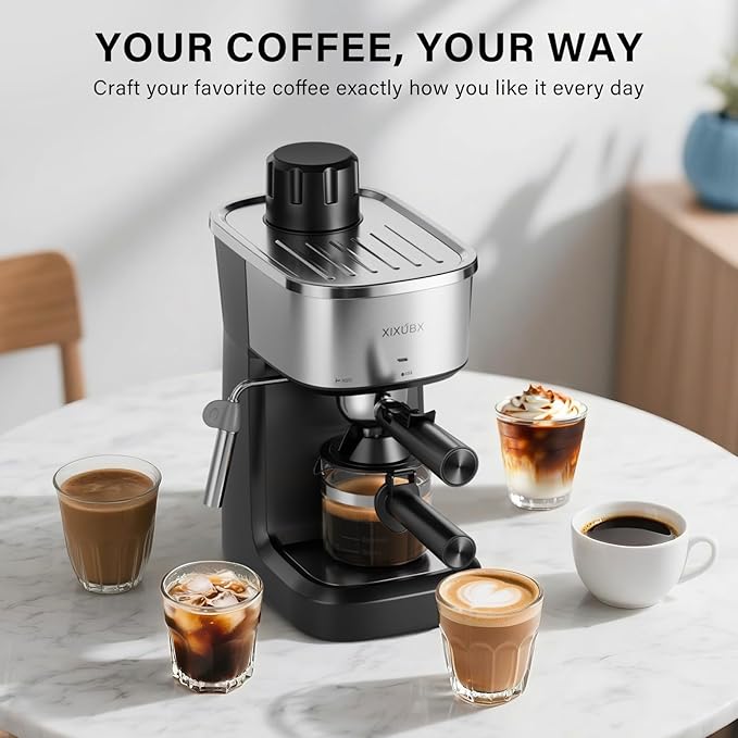 6 Bar Espresso Machine, 800W Compact Coffee Maker with Stainless Steel Cup Warmer, Steam Milk Frother, Automatic Pressure Relief, Cappuccino & Latte Maker, Black, for Home and Office