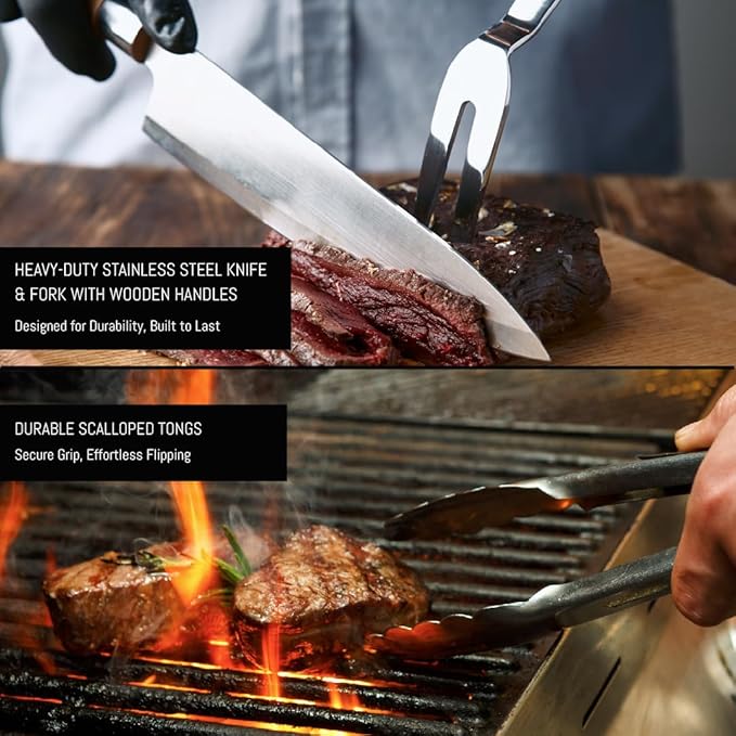 BBQ Accessories 24 in 1. Outdoor Grill Tools with Fork, Tong, Skewers, Digital Meat Thermometer - No Battery Included. Complete Grilling Tools kit with Portable Bag