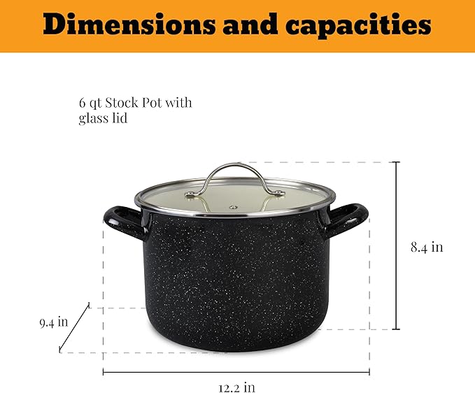 Granite Ware 5-Piece Bicolour Cookware Set, Enameled Steel with Glass Lid, Speckled Black & Cream, Oven Safe to 935°F