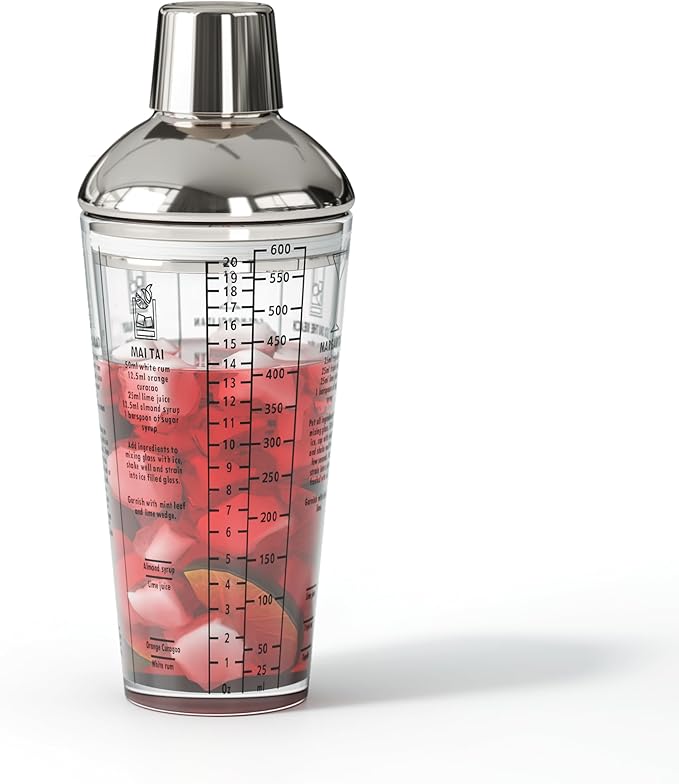 Glass Cocktail Shaker, with Recipes and Measurements 20oz, Built-in Strainer and Leakproof Seal, Clear Bar Tool for Margaritas, Martinis
