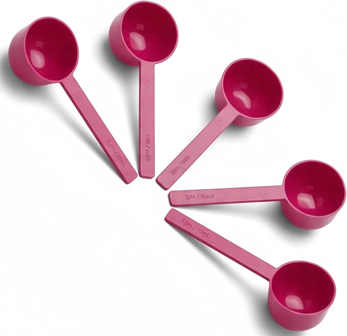 5g Plastic Measuring Spoons (10ml) – Pack of 5 mini Scoops for Protein Poweder, Creatine, Coffee, Lab, Baking, Laundry, Canisters, Dry Goods – 1 Teaspoon Measuring Spoons (tsp), Pink