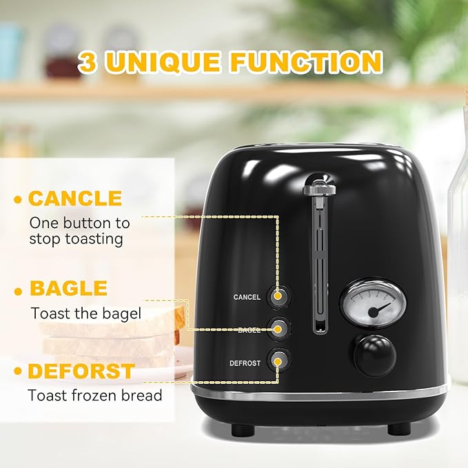 Toaster 2 slice,Retro Stainless Steel Toaster with 6 Settings, 1.5 In Extra Wide Slots, Bagel/Defrost/Cancel Function, Removable Crumb Tray (Dark)