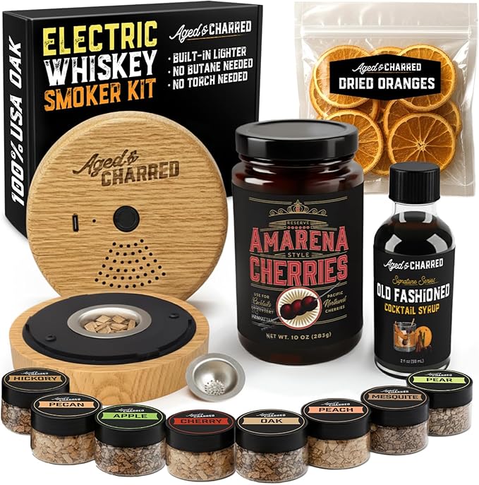 Electric Whiskey Smoker Kit - Whiskey Gifts for Men Dad - Premium Amarena Cherries, Syrup, Orange Dried Slices and 8 Flavors Wood Chips - Old Fashioned Cocktail Smoker kit