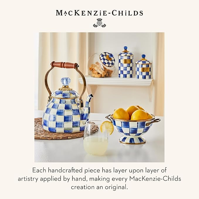 MACKENZIE-CHILDS Enamel Tea Kettle, Stylish Tea Kettle for Stovetop, Blue-and-White Royal Check, 2 Quarts