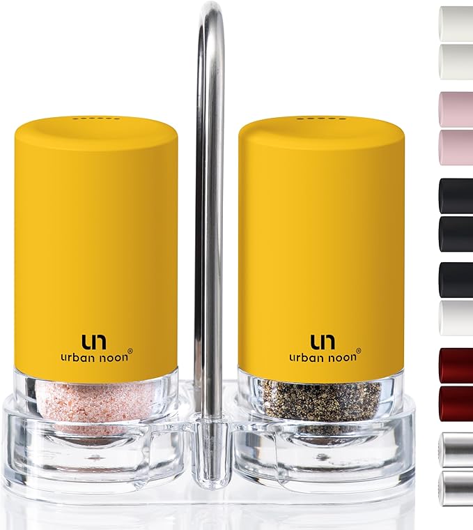 Yellow Salt and Pepper Shakers with Holder - Elegant Stainless Steel Salt Shaker and Pepper Shaker Set with Acrylic Holder for Kitchen Counter or Restaurant Table