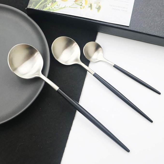 JASHII 18/10 Black Handle Flatware Silver Silverware Set 304 Stainless Steel Flatware Cutlery Set| 6-Piece Adaline Royal Modern Satin Finish| BEST Birthday Wedding Gift (Black Handle Matte Silver)