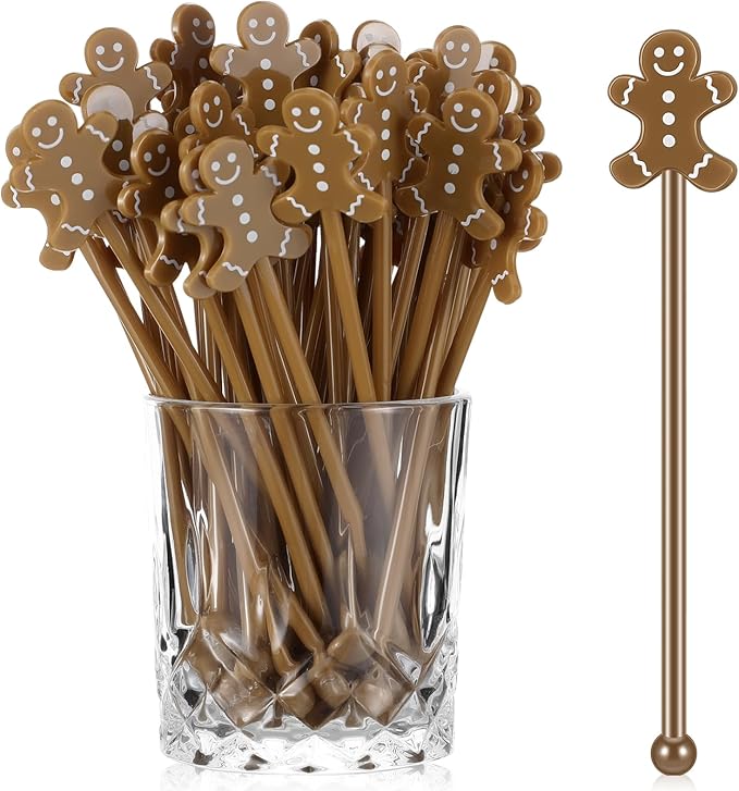 Chengu 100 Pcs Christmas Drink Stirrers Xmas Stir Sticks Bulk Holiday Coffee Stirrers Plastic Swizzle Stick Hot Cocoa Bar Supplies Chocolate Decoration Reusable Cocktail Mixer(Gingerbread Man)