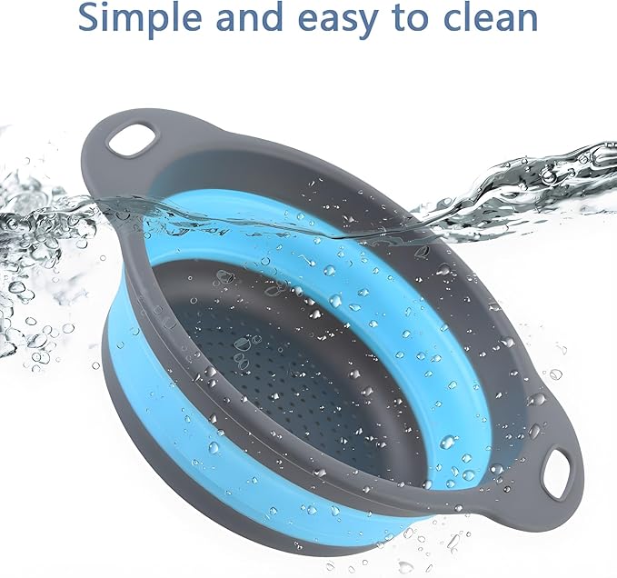 Silicone Colander Collapsible Strainers Set for Kitchen- 3 Pack (3Qt, 4Qt, 5Qt) -Over Home Draining Basket, Food Vegetables & Fruits-Dishwasher Safe, Space Saving Design (Green, Blue, Red)