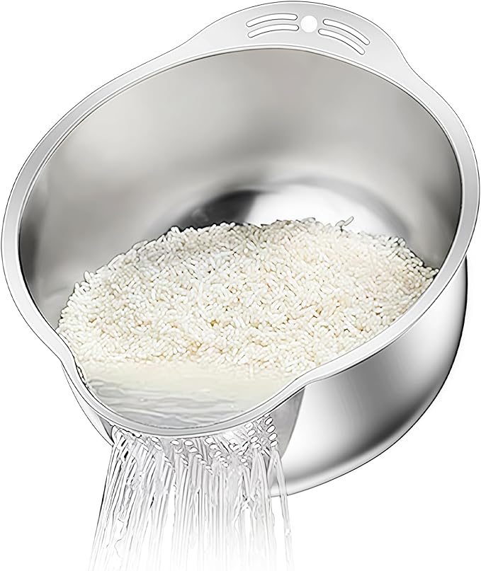 Rice Washer Strainer Bowl, Stainless Steel Washing Bowl for Rinsing Quinoa, Side Drainers Colander for Cleaning Fruits, Vegetables, and Beans - Versatile Kitchen Gadgets