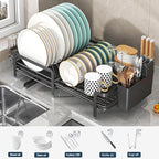 Large Dish Drying Rack with Drainboard,Expandable Dish Rack for Kitchen Counter, Utensil Holder & Cup Hooks,Rustproof Stainless Steel Drying Dish Rack 23.6’’L x 12.6’’W,Black